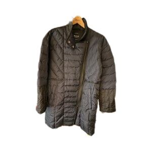 Madewell Asymmetrical Zip High Neck Navy Blue/Black Down Puffer Coat.  EUC
